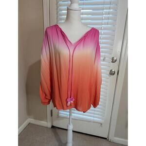 YFB Women's Ombre Dolman Sleeve Multi Colored Boho Top Lace Detail Large